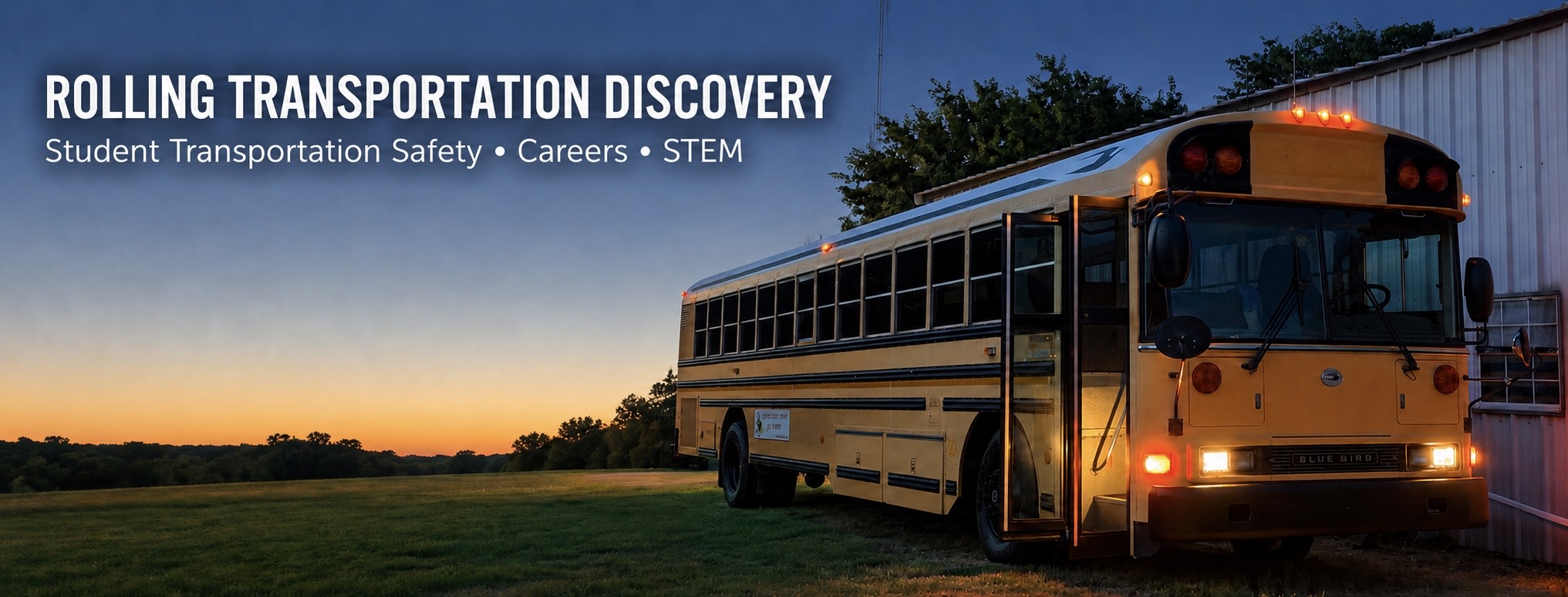 Rolling Transportation Discovery bus parked at sunset