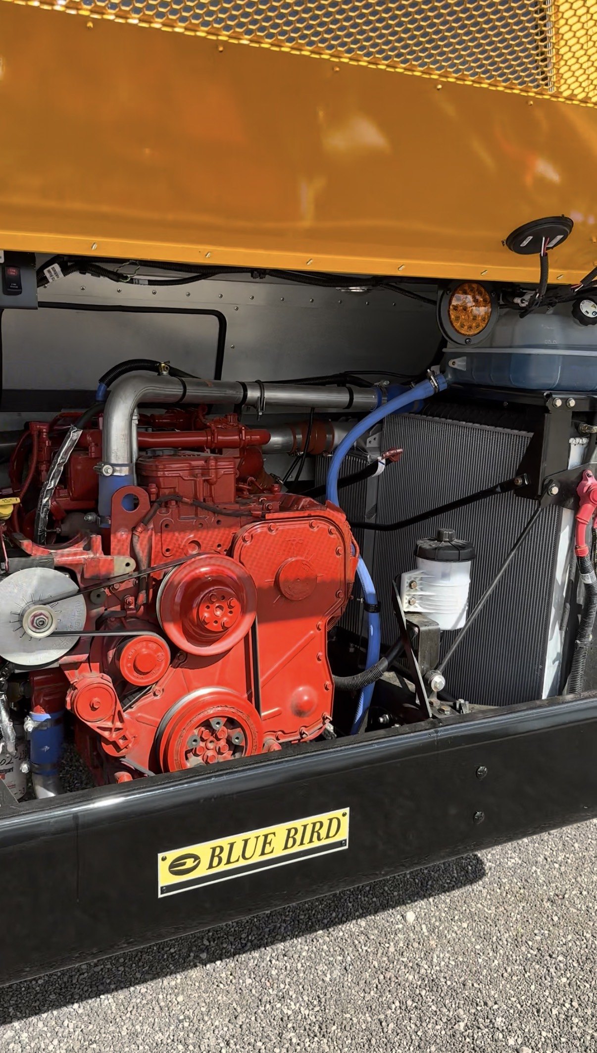 Open engine bay showing the Cummins ISC engine in the RTD bus